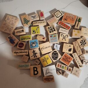 Assorted Wood Mounted Rubber Stamps Holiday Celebration Crafting Scrapbooking